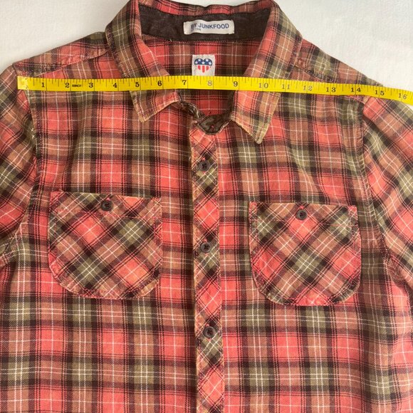 By Junkfood Red & Green Plaid Button Down Shirt with Peace Sign - Size S - Picture 3 of 11
